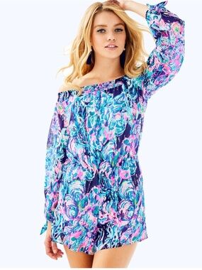 Lilly Pulitzer MYRI ROMPER Bright Navy Caught Up SILK GOLD CHIFFON XS S